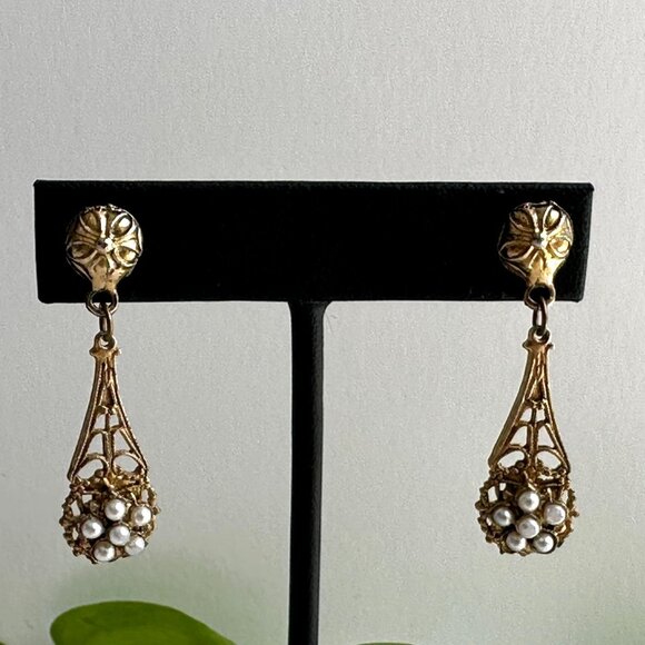 Vintage Gold Tone Filigree Dangle Earrings With Faux Seed Pearls For Pierced Ear - Picture 2 of 10